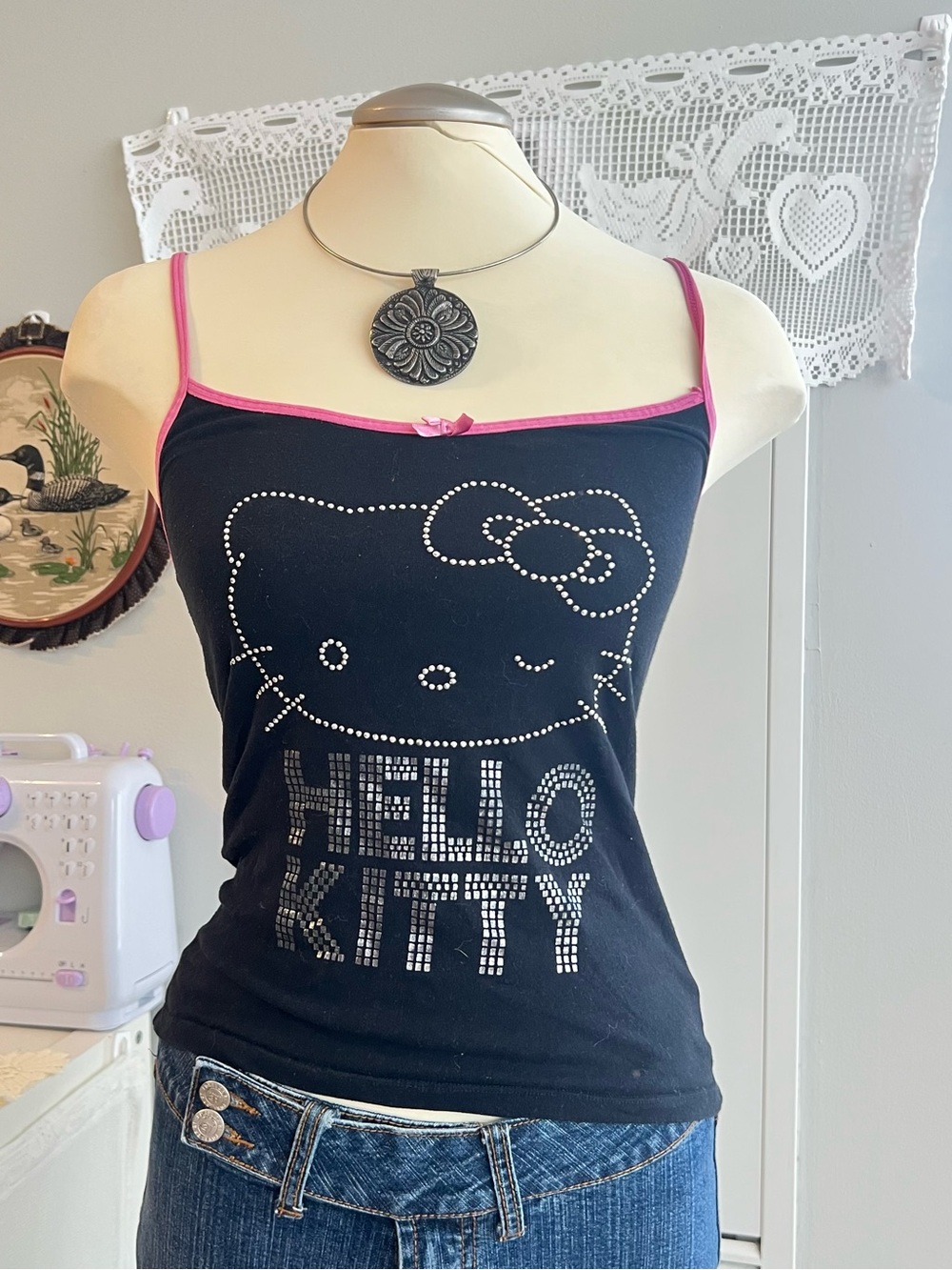 Hello Kitty Black Cami with Pink Trim and Rhinestone Logo
